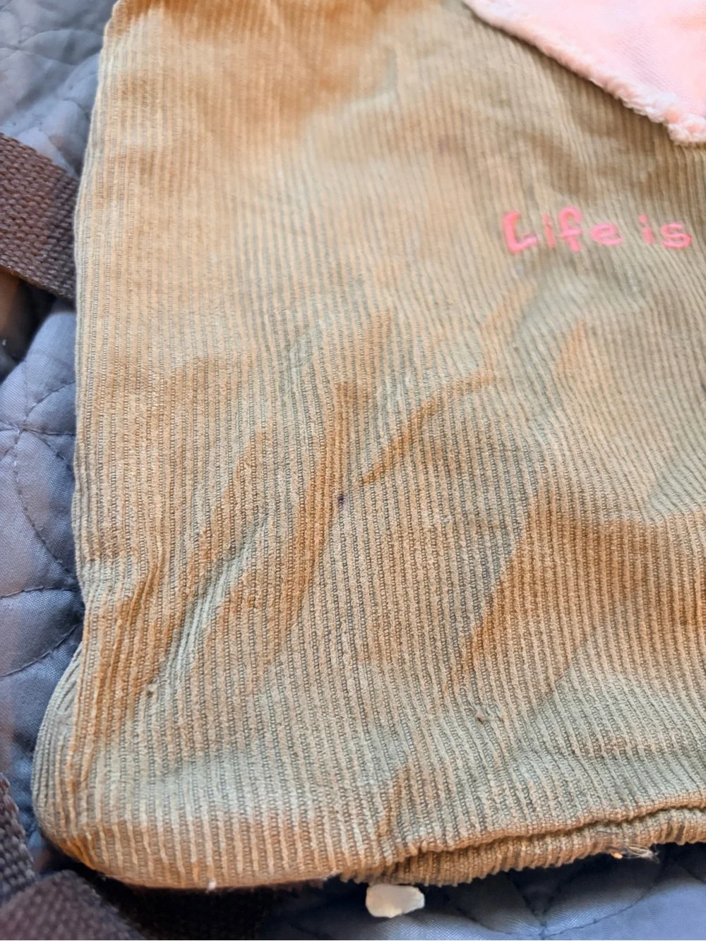 Vintage Life Is Good Corduroy Drawstring Backpack Cinch Bag Pink Heart Tan Y2K
